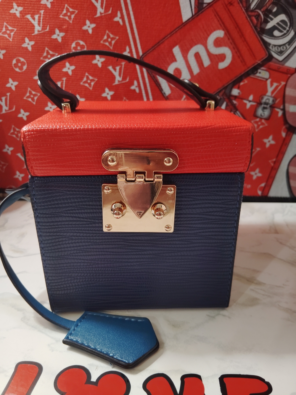 Red and Navy Box Crossbody Bag with Gold Hardware